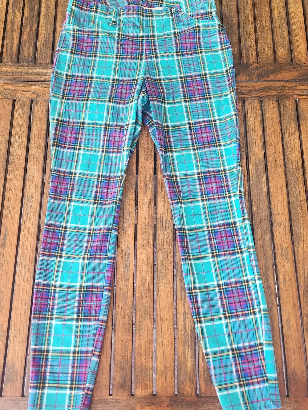 Women's Time and Tru Turquoise & Magenta Plaid Stretch Jeggings Size Large 12-14